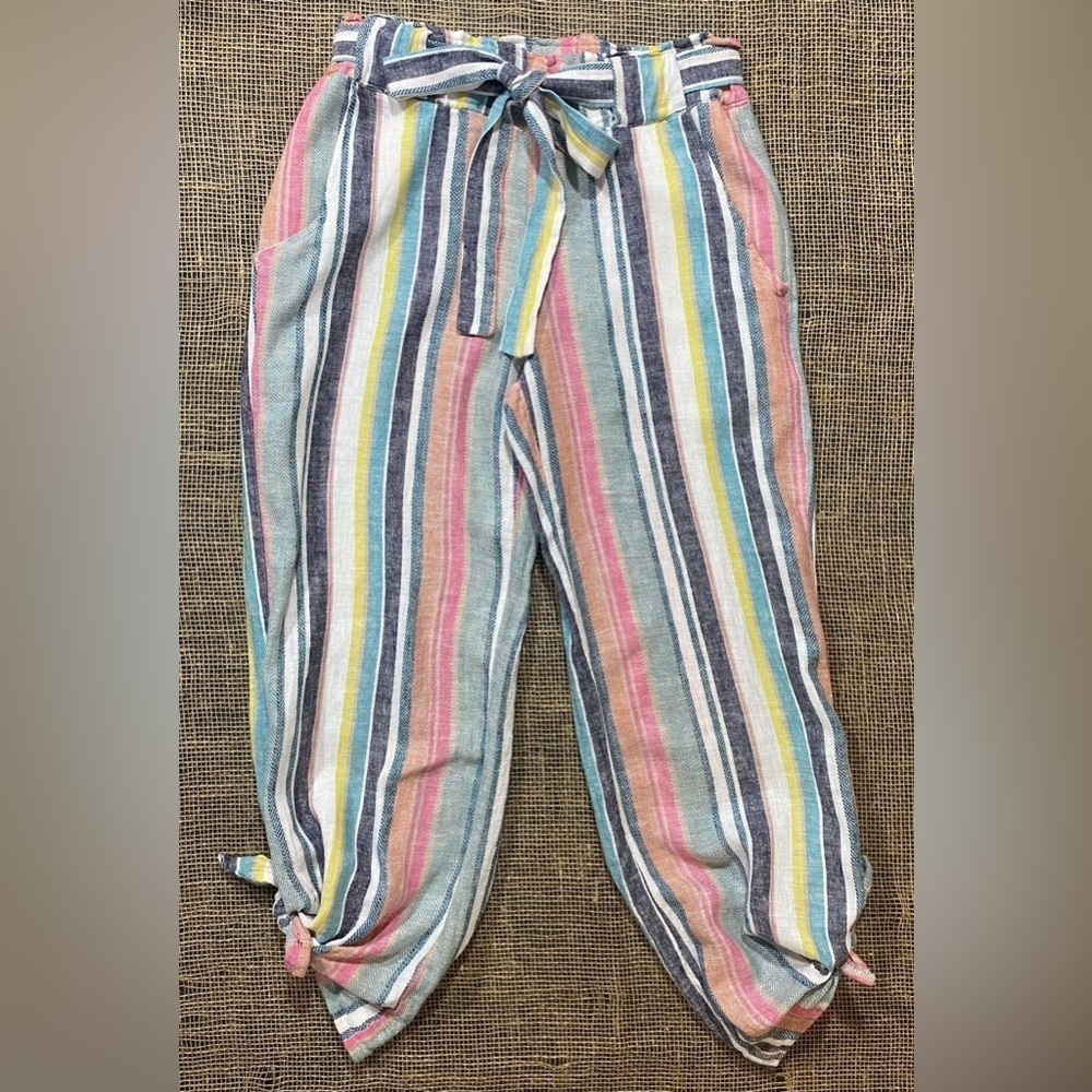 Indigo Rein Pants Small Linen/Rayon Pockets Elastic Waist Belt Striped Cropped